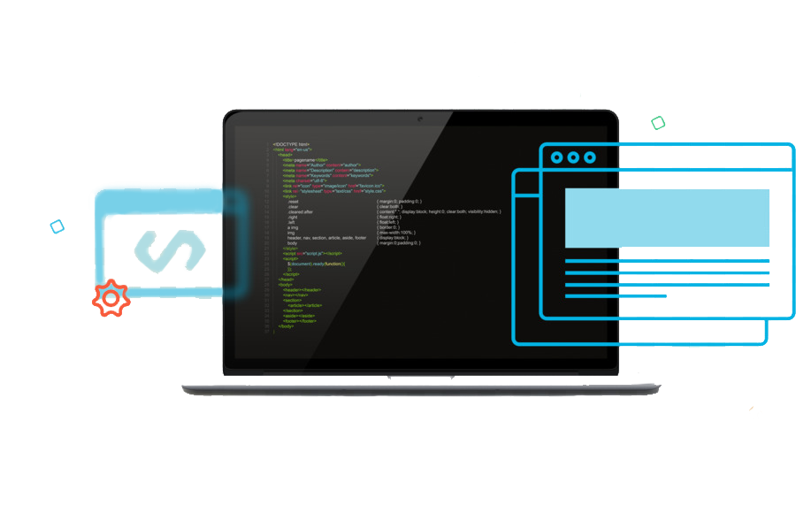 Monitor, laptop y logos de HTML, CSS, JavaScript y React